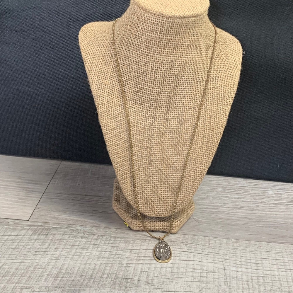 Gold Tone Teardrop Druzy Pendant Long Curb Chain Necklace 26 Inch 5279